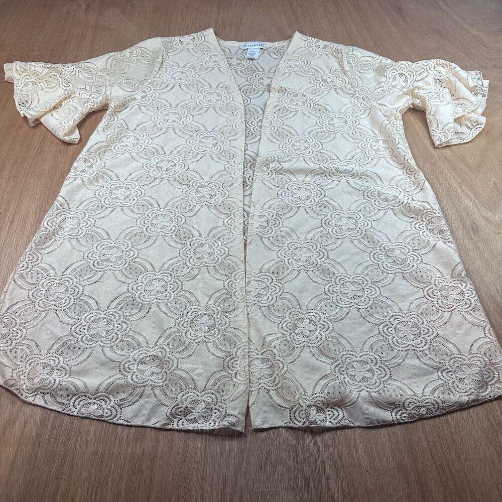 Stitchworks Lace Cardigan Womens 1X Beige Floral Open Front Boho Cottagecore